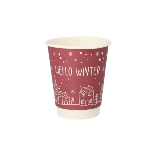 Trinkbecher, Pappe 0,2 l Ø 8 cm · 9,3 cm rot "Hello Winter" doppelwandig