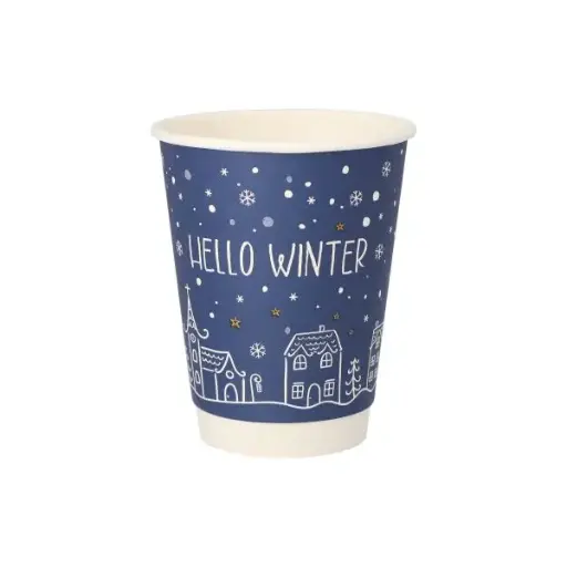 Trinkbecher, Pappe 0,3 l Ø 9 cm · 11,2 cm blau "Hello Winter" doppelwandig 